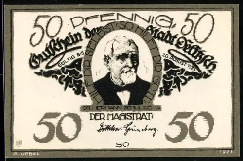 Notgeld Delitzsch 1921, 50 Pfennig, Porträt von Dr. Hermann Schulze-Delitzsch, Tor der Marienkirche