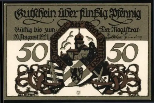 Notgeld Bautzen 1921, 50 Pfennig, Stadtszene mit Wappen und Ritterkampf