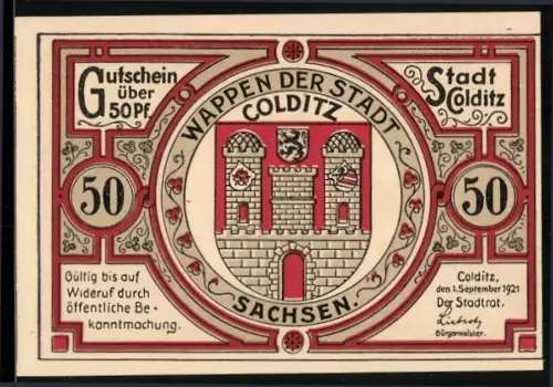 Notgeld Colditz 1921, 50 Pfennig, Wappen und Rathaus im Renaissance-Stil