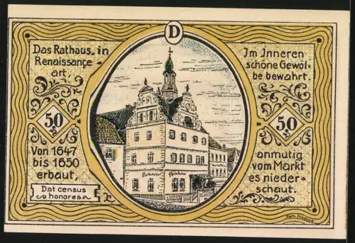 Notgeld Colditz 1921, 50 Pfennig, Wappen und Rathaus im Renaissance-Stil