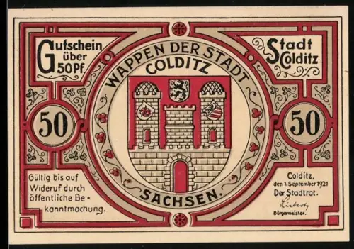Notgeld Colditz 1921, 50 Pfennig, Wappen und historische Szene aus dem Jahr 1430