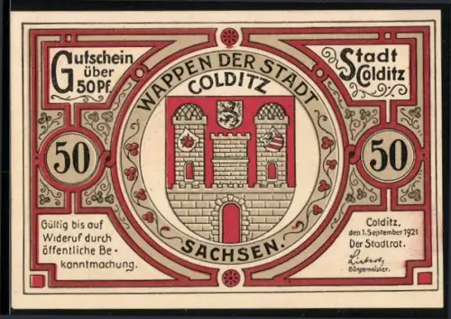 Notgeld Colditz 1921, 50 Pfennig, Stadtwappen und Silhouetten von Schwedentruppen im Jahr 1637