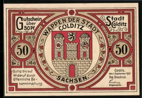 Notgeld Colditz 1921, 50 Pfennig, Stadtwappen und Heimatturm bei Colditz