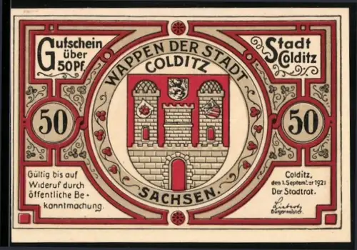 Notgeld Colditz 1921, 50 Pfennig, Wappen und Töpfer bei der Arbeit