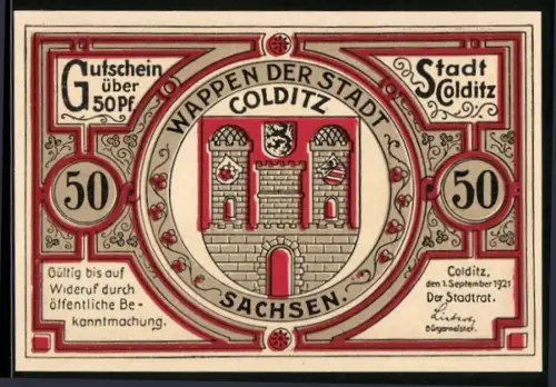 Notgeld Colditz 1921, 50 Pfennig, Stadtwappen und Schloss Colditz in Landschaftsansicht