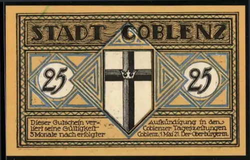 Notgeld Coblenz 1921, 25 Pfennig, Kreuzwappen und Ortsansicht mit Brücke