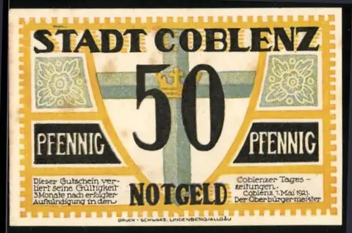 Notgeld Coblenz 1921, 50 Pfennig, Wappen mit Ortsansicht und Kirche