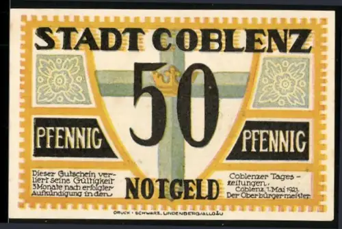 Notgeld Coblenz 1921, 50 Pfennig, Wappen und Gebäudeansicht