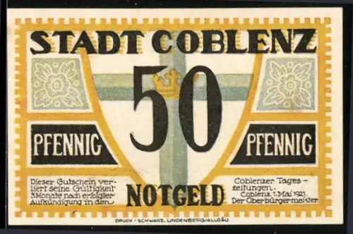 Notgeld Coblenz 1921, 50 Pfennig, Wappen und Denkmalansicht