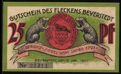 Notgeld Beverstedt 1922, 25 Pfennig, Gerichtssiegel von 1797 und Dorflandschaft mit Windmühle und Fluss