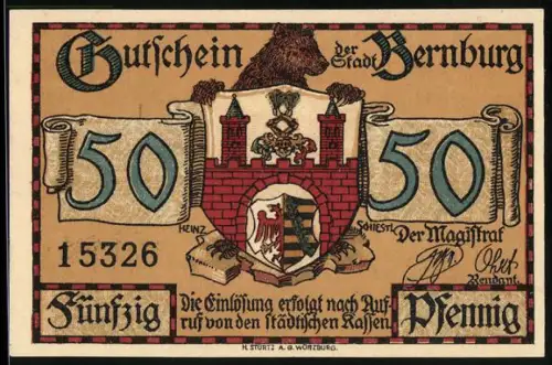 Notgeld Bernburg 1921, 50 Pfennig, Wappen und neues Rathaus, ehem. Karlskaserne