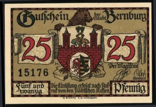 Notgeld Bernburg, 25 Pfennig, Stadtwappen mit Burgansicht