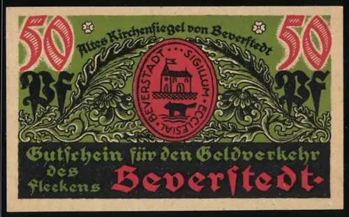 Notgeld Beverstedt 1922, 50 Pfennig, Siegel der Stadt und Biber am Flussufer
