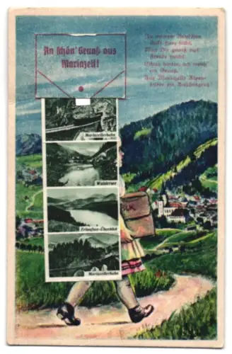 Leporello-AK Mariazell, Teilansicht mit Ötscher, Schwebebahn, Erlaufsee