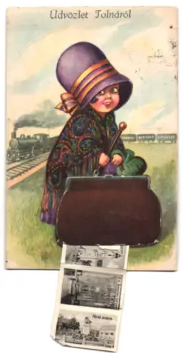 Leporello-AK Tolna, Fürdöhaz, Községháza, röm. kath. templom