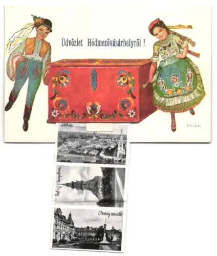 Leporello-AK Hódmezövásárhely, Kossuth tér, Látkép, Ref. uj. Templom