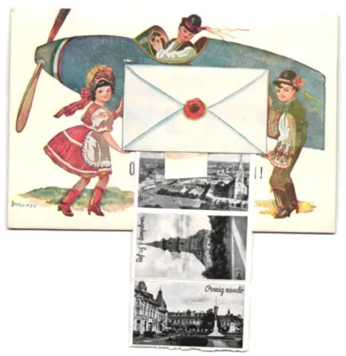 Leporello-AK Hódmezövásárhely, Látkép, Artéxi kút, Kossuth tér