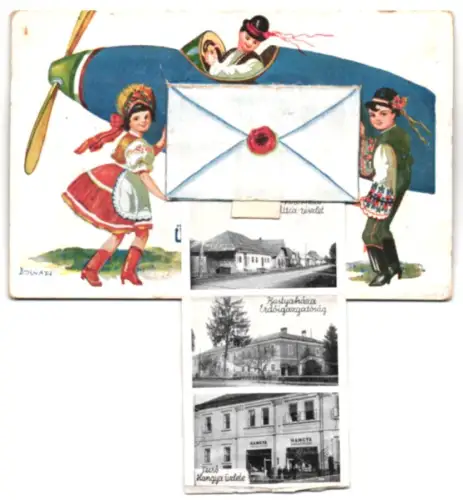 Leporello-AK Kárpátaljáról, Látkép, Reomlott sóbánya, Hangya üzlete