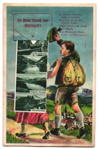 Leporello-AK Mariazell, Hauptplatz, Teilansicht mit Ötscher und Bürgeralpe