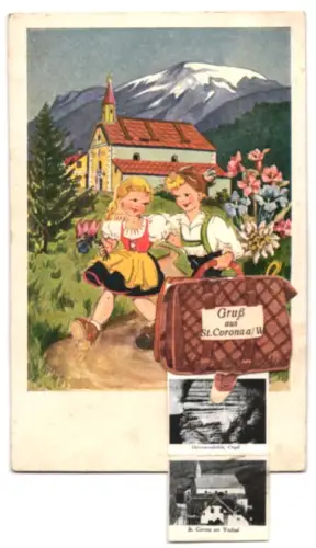 Leporello-AK St. Corona a. W., Altar der Kirche, Ansicht mit Schneeberg und Hermannshöhle