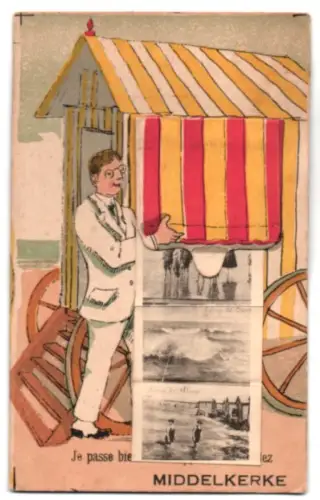 Leporello-AK Middelkerke, Verschiedene Ansichten am Strand mit Fischer und Badegästen