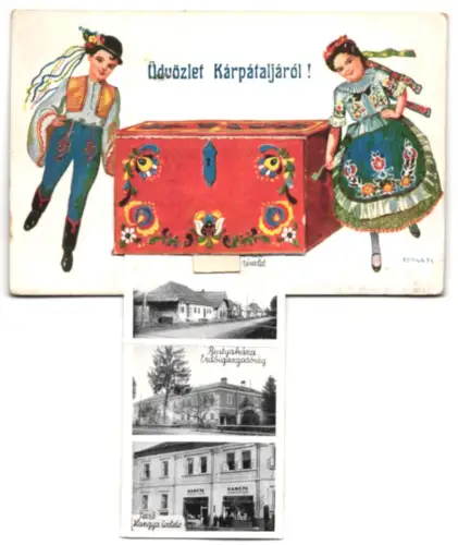 AK Kurzt /Kárpátaljá, Látkép, Rákóczi vár, utca-zészlet