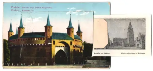 Leporello-AK Krakau, Florianer-Tor, Rathaus und Tuchhalle mit Mickiewicz-Denkmal