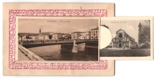 Leporello-AK Verona, Ponte Navi, Chiesa di S. Zeno, Piazza e Monumento Vittorio Em. II., Piazza Erbe