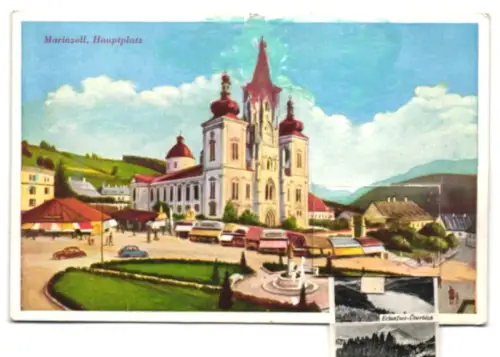 Leporello-AK Mariazell, Partie am Hauptplatz, Erlaufsee, Mariazellerbahn