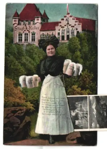 Leporello-AK Salzburg, Teilansicht mit Kapuzinerberg, Stadtbrücke mit Hohen-Salzburg und Residenzplatz mit Glockenspiel