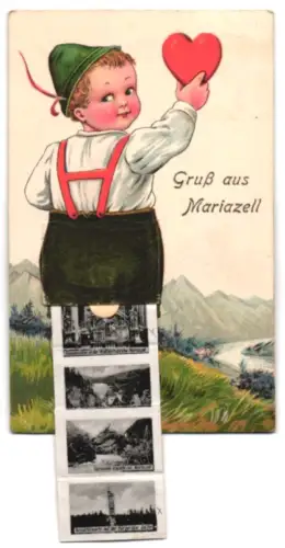 Leporello-AK Mariazell, Totalansicht gegen Hochschwab, Gnadenaltar in der Wallfahrtskirche und Aussenansicht der Kirche