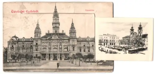 Leporello-AK Györ, Varoshaza, Baross-ut, Györi vaggon