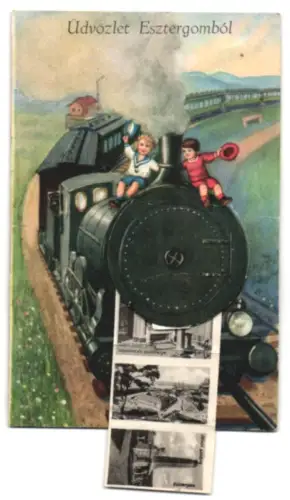 Leporello-AK Esztergom, Bazilika, Duna a vashiddal