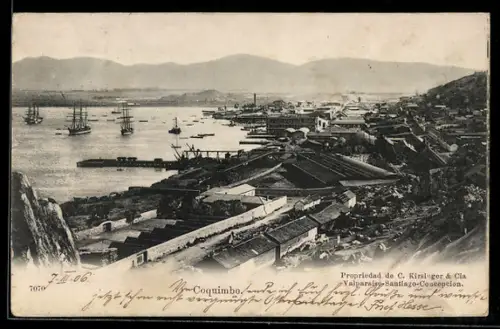 AK Coquimbo, Vogelschau auf den Hafen mit Segelschiffen