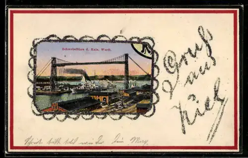 Lithographie Kiel, Schwebefähre der Kaiserlichen Werft