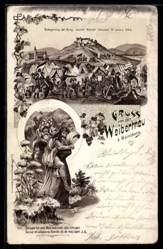 Lithographie Weinsberg, Belagerung der Burg, Weibertreu-Legende