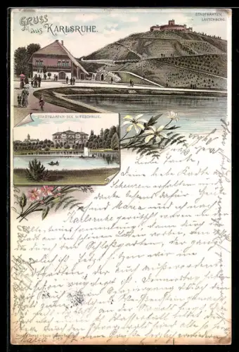 Lithographie Karlsruhe, Stadtgarten, Lauterberg, Stadtgarten-See mit Festhalle