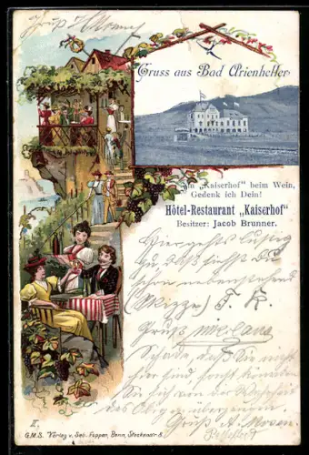 Lithographie Bad Arienheller, Hotel-Restaurant Kaiserhof, Besitzer Jacob Brunner, Terrasse, Gäste
