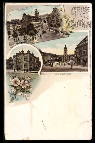 Lithographie Gotha, Rathaus, Hauptmarkt, Freimauerer Loge