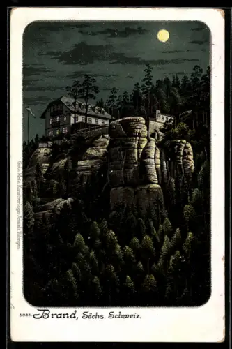 Lithographie Brand /Sächs. Schweiz, Felsen mit Gasthaus bei Nacht