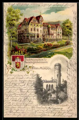 Lithographie Hann. Münden, Erholungsheim für Lokomotivbeamte, Tillyschanze, Wappen