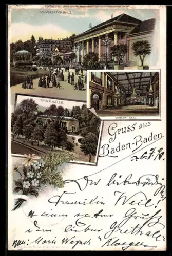 Lithographie Baden-Baden, Conversationshaus, Trinkhalle, Concert Saal