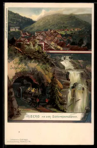Lithographie Triberg an der Schwarzwaldbahn, Stadtansicht, Wasserfall, Eisenbahntunnel