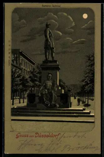 Lithographie Düsseldorf, Bismarck-Denkmal bei Nacht