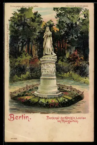 Lithographie Berlin, Denkmal der Königin Louise im Tiergarten, Sonnenuntergang bei Halt gegen das Licht