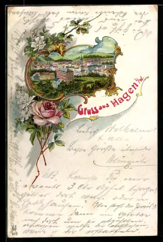 Lithographie Hagen i. W., Ortsansicht aus der Vogelschau, Blumenverzierung