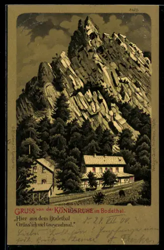 Lithographie Königsruhe im Bodethal, Felsenansicht und Gasthaus
