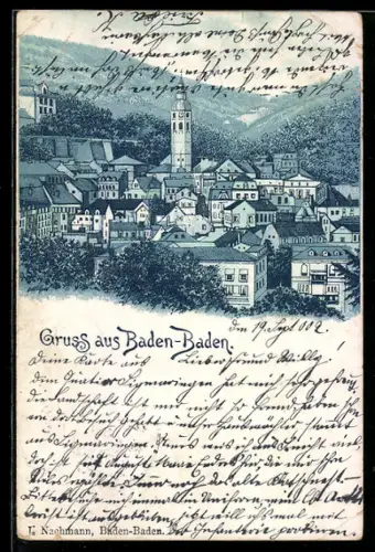 Lithographie Baden-Baden, Stadtansicht mit Kirche und Turm