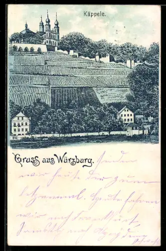 Lithographie Würzburg, Käppele, Weinberge