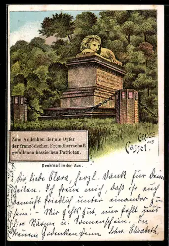 Lithographie Cassel, Denkmal in der Aue, Löwendenkmal für gefallene hessische Patrioten